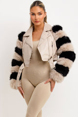 faux leather faux fur aviator jacket with contrast sleeves womens