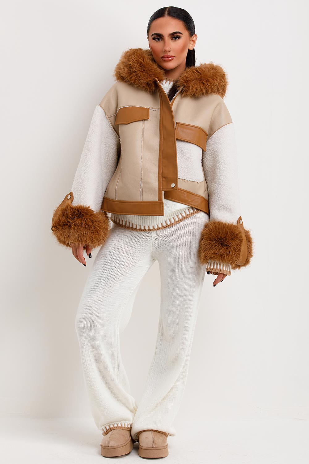 shearling jacket with faux fur hood womens