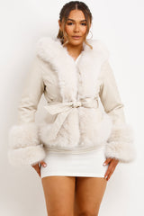 faux leather fuax fur jacket with hood and belt black