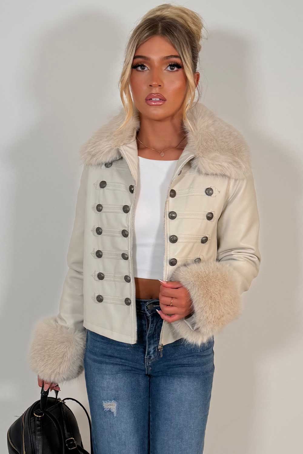 zara womens faux leather military jacket with fur cuff and collar styledup uk