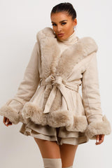womens fur trim coat with hood and belt faux suede