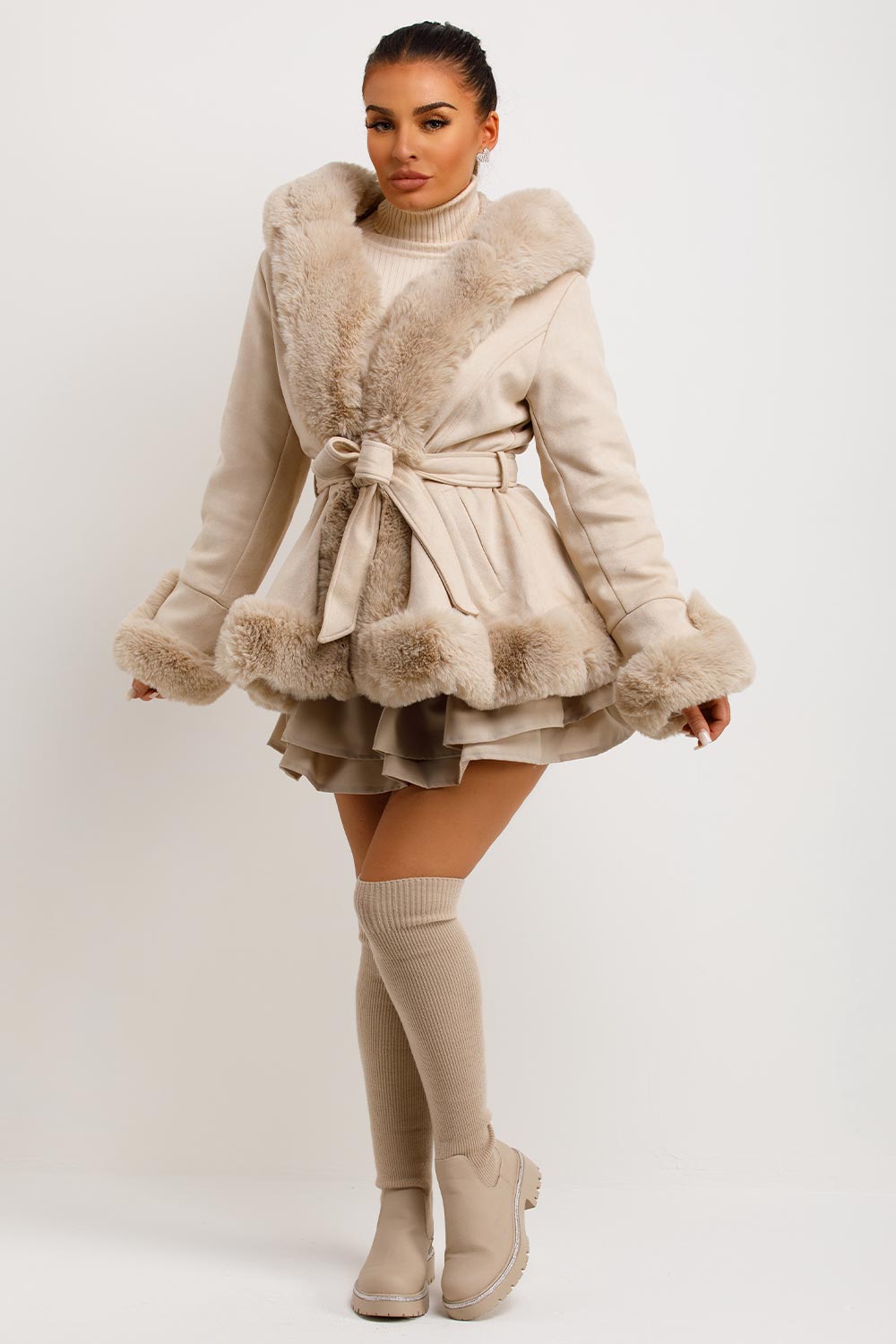 fur trim suede coat with hood and belt womens