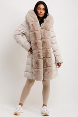 padded puffer coat with faux fur hood and trim