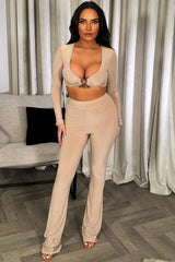 womens skinny flare trousers and long sleeve crop top co ord set going out festival party outfit