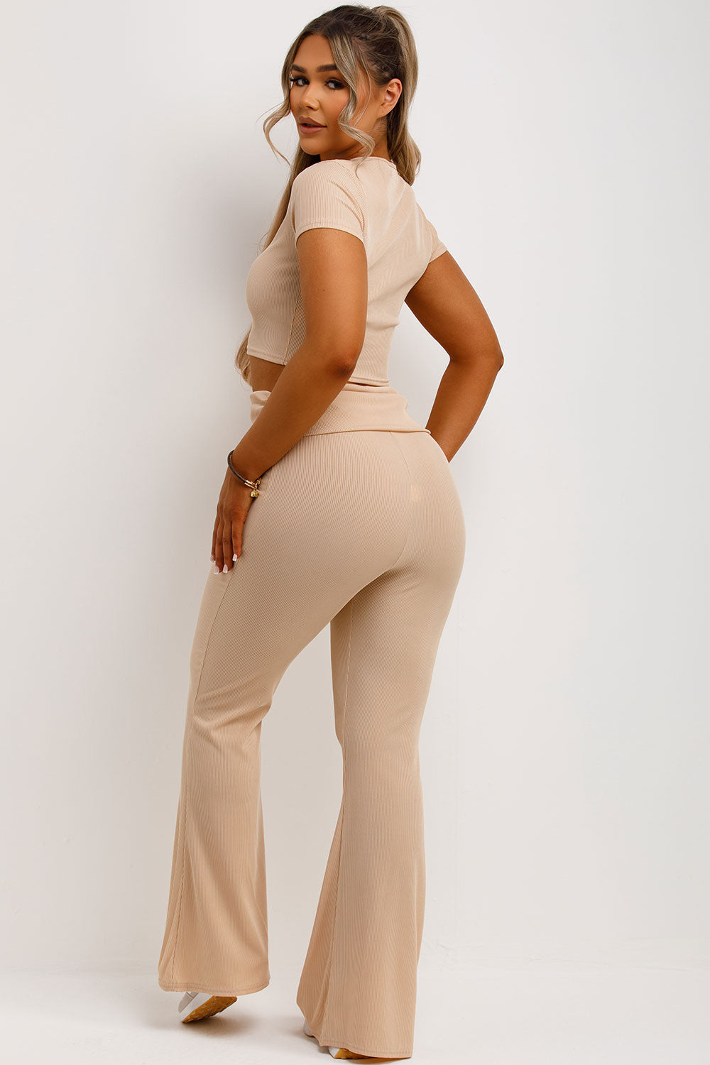 flared ribbed trousers with fold detail and crop top two piece matching set 