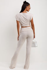 fold detail skinny flare trousers and padded shoulder top two piece set going out summer outfit