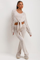 fold over trousers crop top and ruched sleeve cardigan three piece set