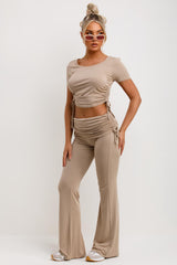 ruched side fold detail flared trousers and crop top co ord set