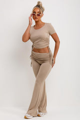 ruched side fold detail flare trousers and crop top co ord set