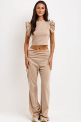 low rise flare trousers and frill ruffle top  two piece set 