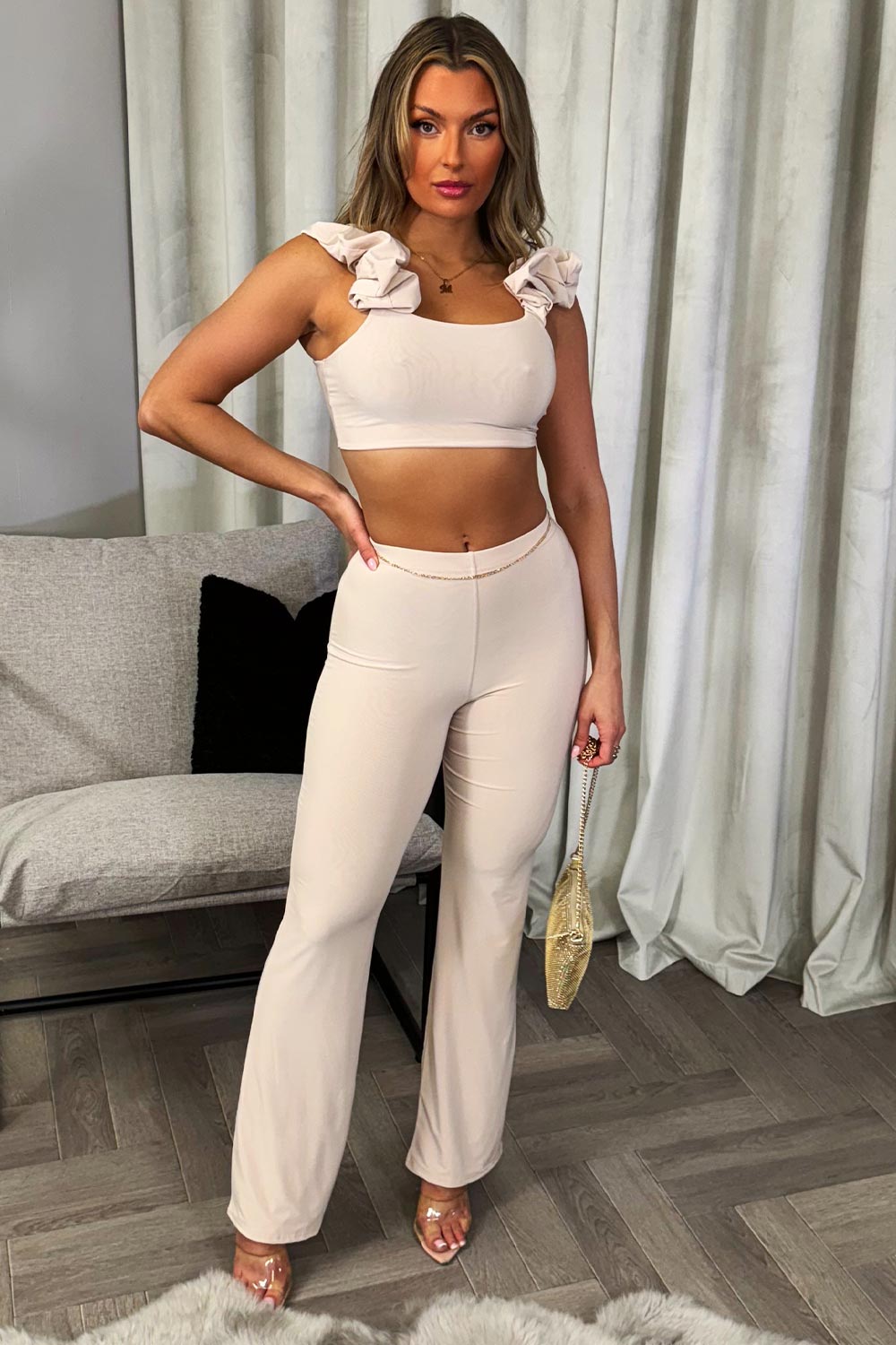 gathered frilly crop top and double lined straight leg trousers set beige