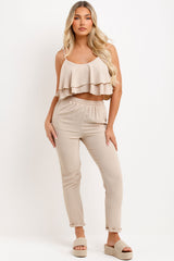 ruffle frilly top and trousers two piece co ord set beige 