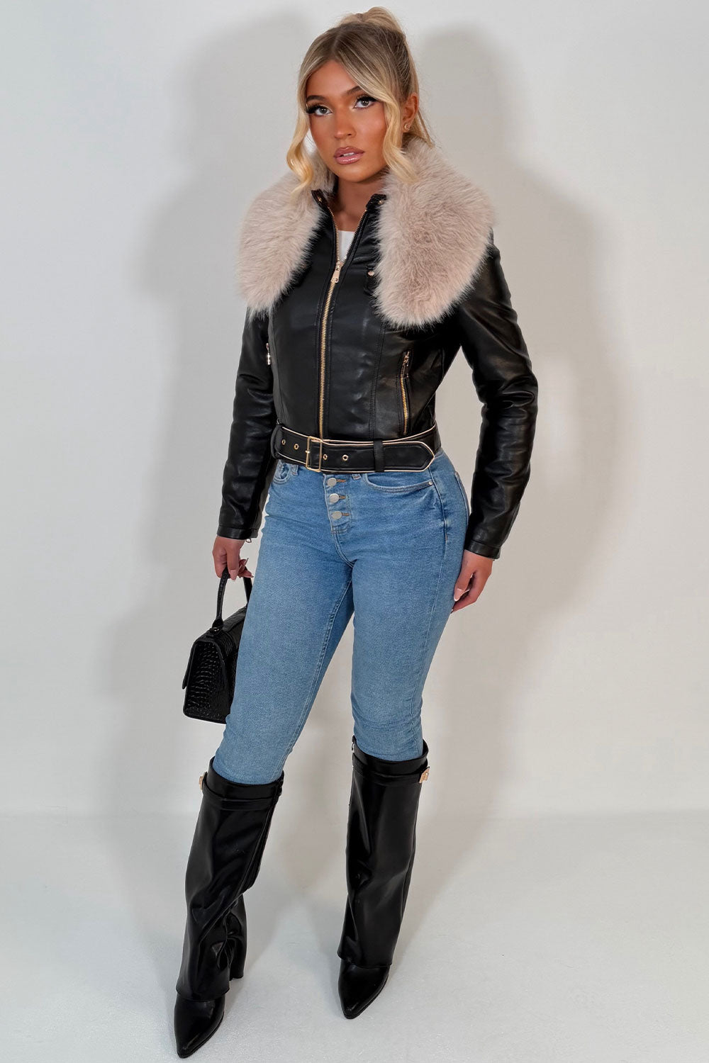 faux fur collar faux leather jacket black styledup uk