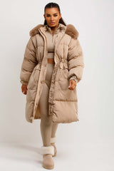 womens long padded puffer coat with fur hood