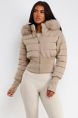 beige faux fur hooded padded puffer jacket styledup uk