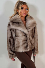 womens faux fur collared coat beige styledup