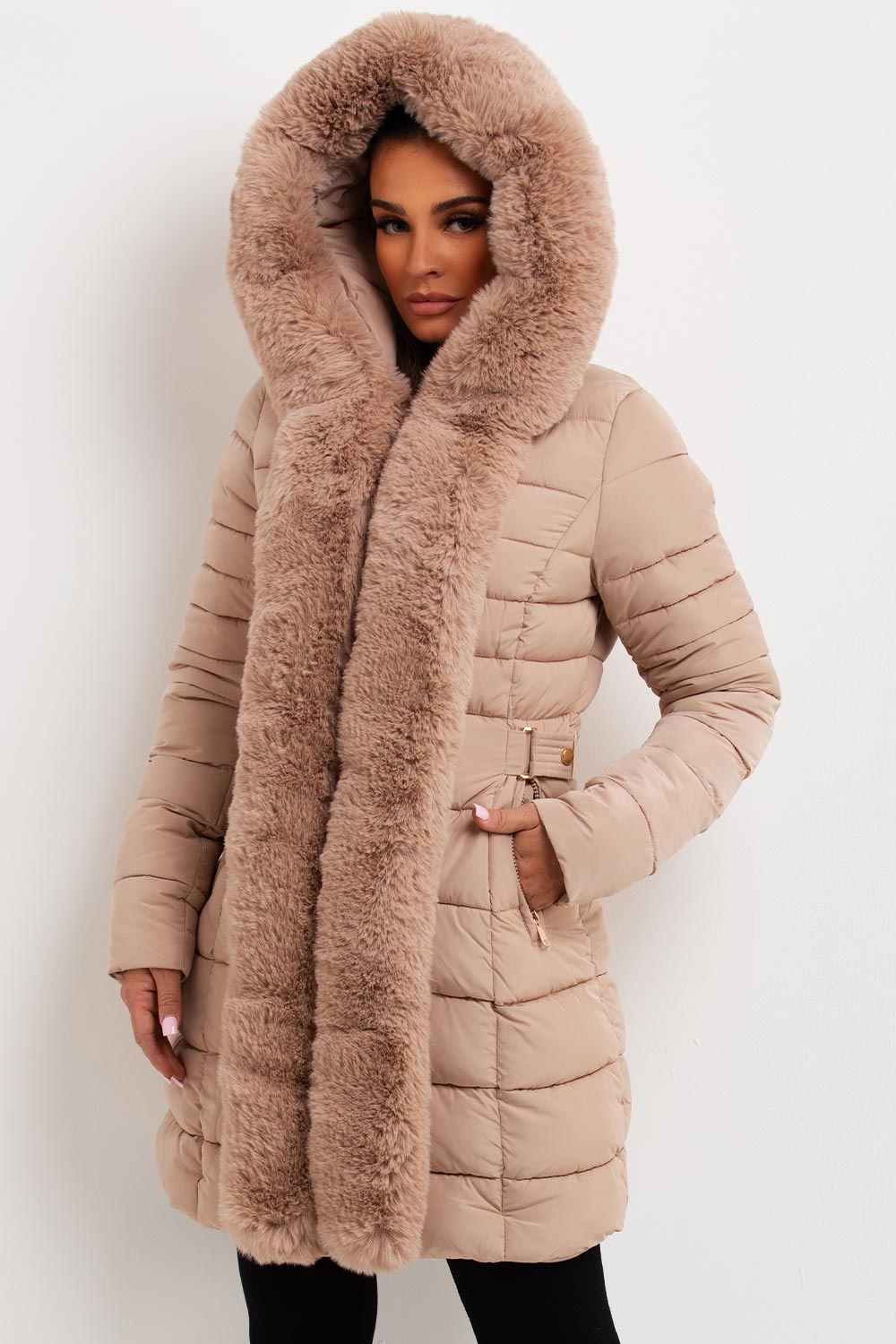 womens puffer coat with fur hood and trim detachable