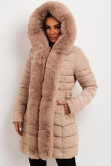 womens puffer padded hooded coat with faux fur trim