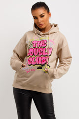 womens oversized hoodie with the lovely club slogan
