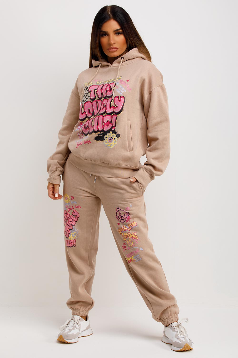womens tracksuit hoodie and joggers set lovely club graphic print