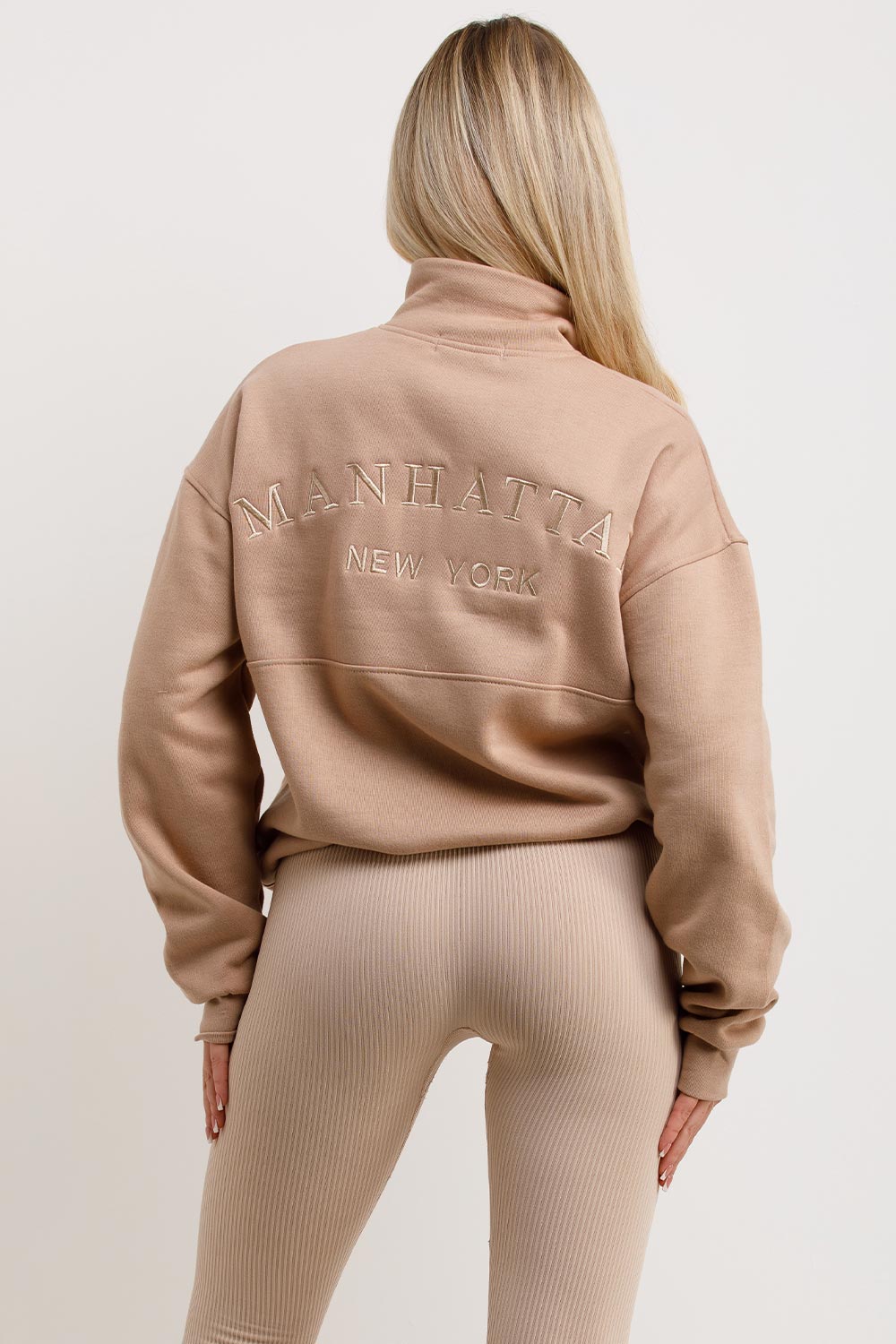 Women's Half Zip Sweatshirt With Manhattan Embroidery Beige – Styledup ... Women's Half Zip Sweatshirt With Manhattan Embroidery Beige – Styledup ...