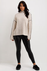 contrast stitches high neck knitted jumper beige