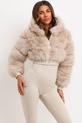 faux fur jacket with hood cropped styled up