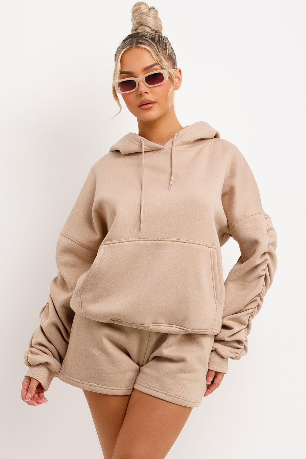 ruched sleeve hoodie and shorts loungewear set summer tracksuit