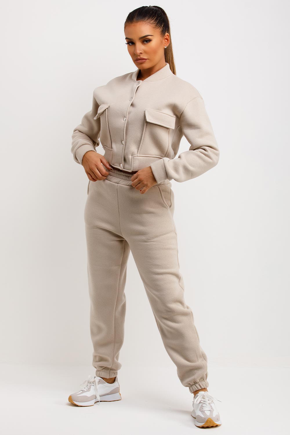 beige bomber jacket and joggers tracksuit co ord set