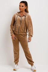 womens velour hooded tracksuit with pearls loungewear co ord two piece set