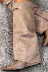 womens faux suede fold over knee high cowboy boots with gold buckle 