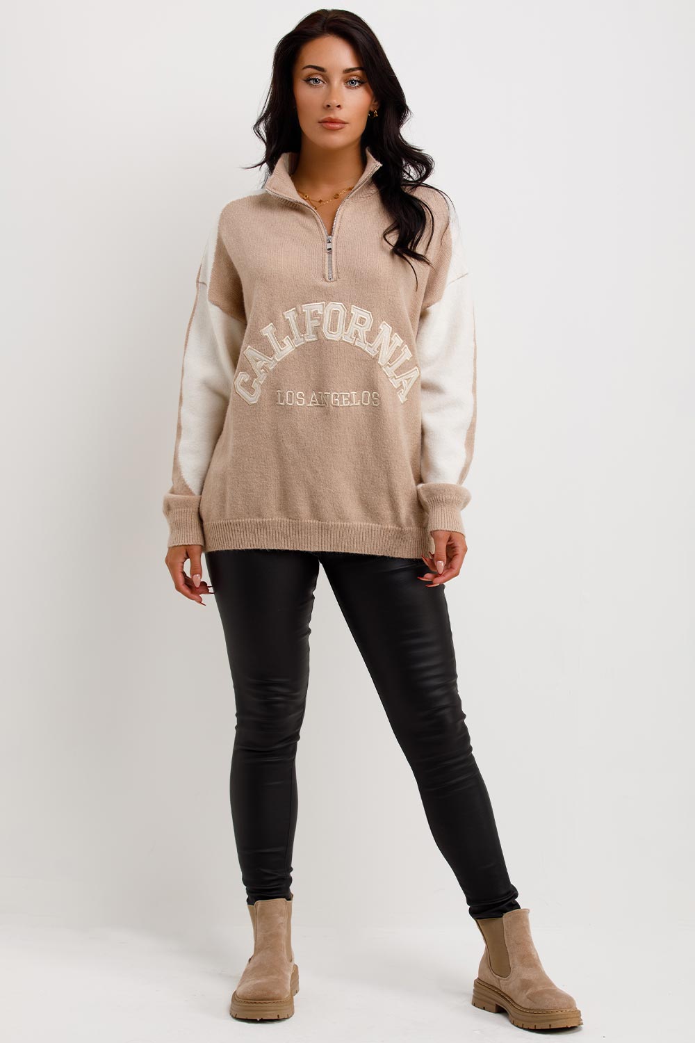 womens knitted half zip jumper with california slogan