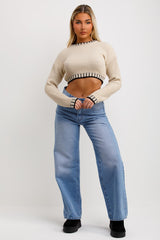 long sleeve knitted jumper cropped with blanket stitches detail