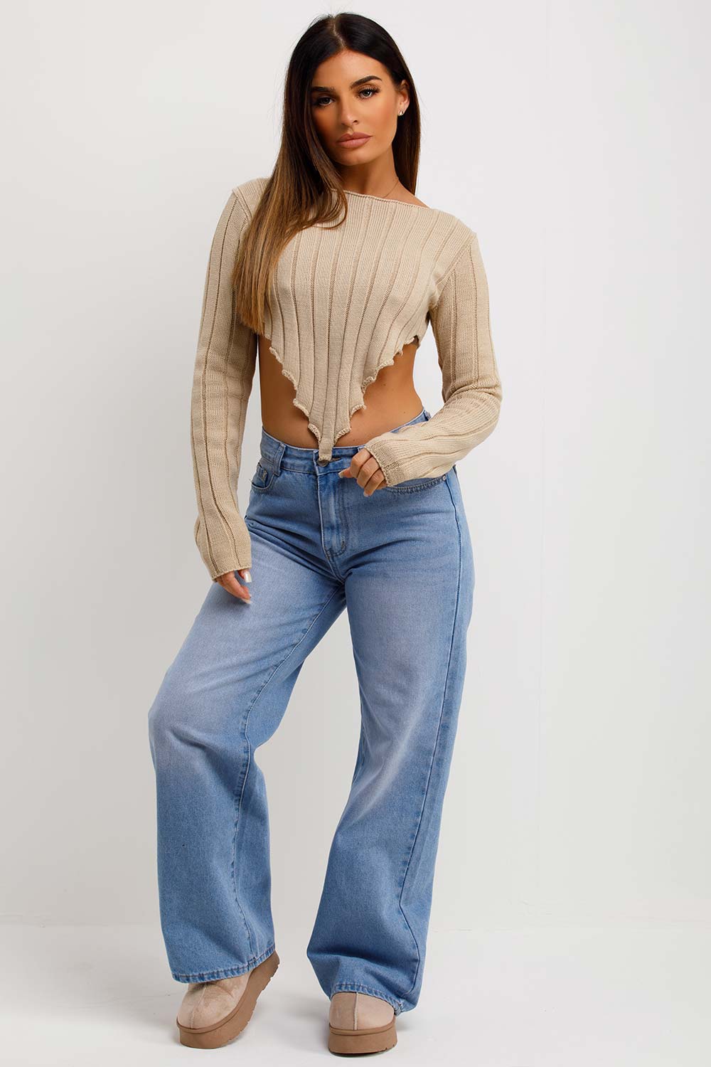 cropped knitted jumper with dip hem and long sleeves