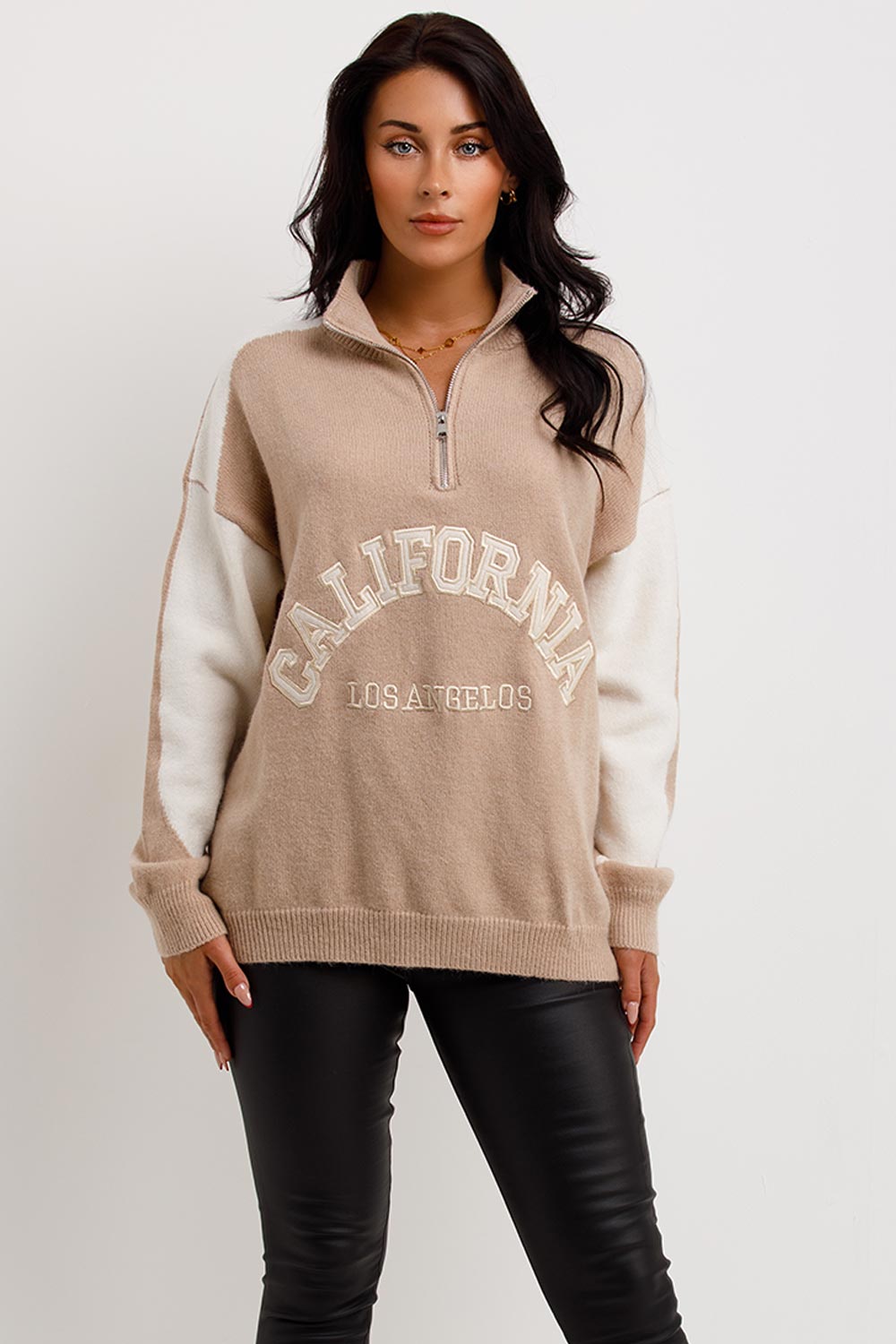womens half zip knitted jumper with california slogan