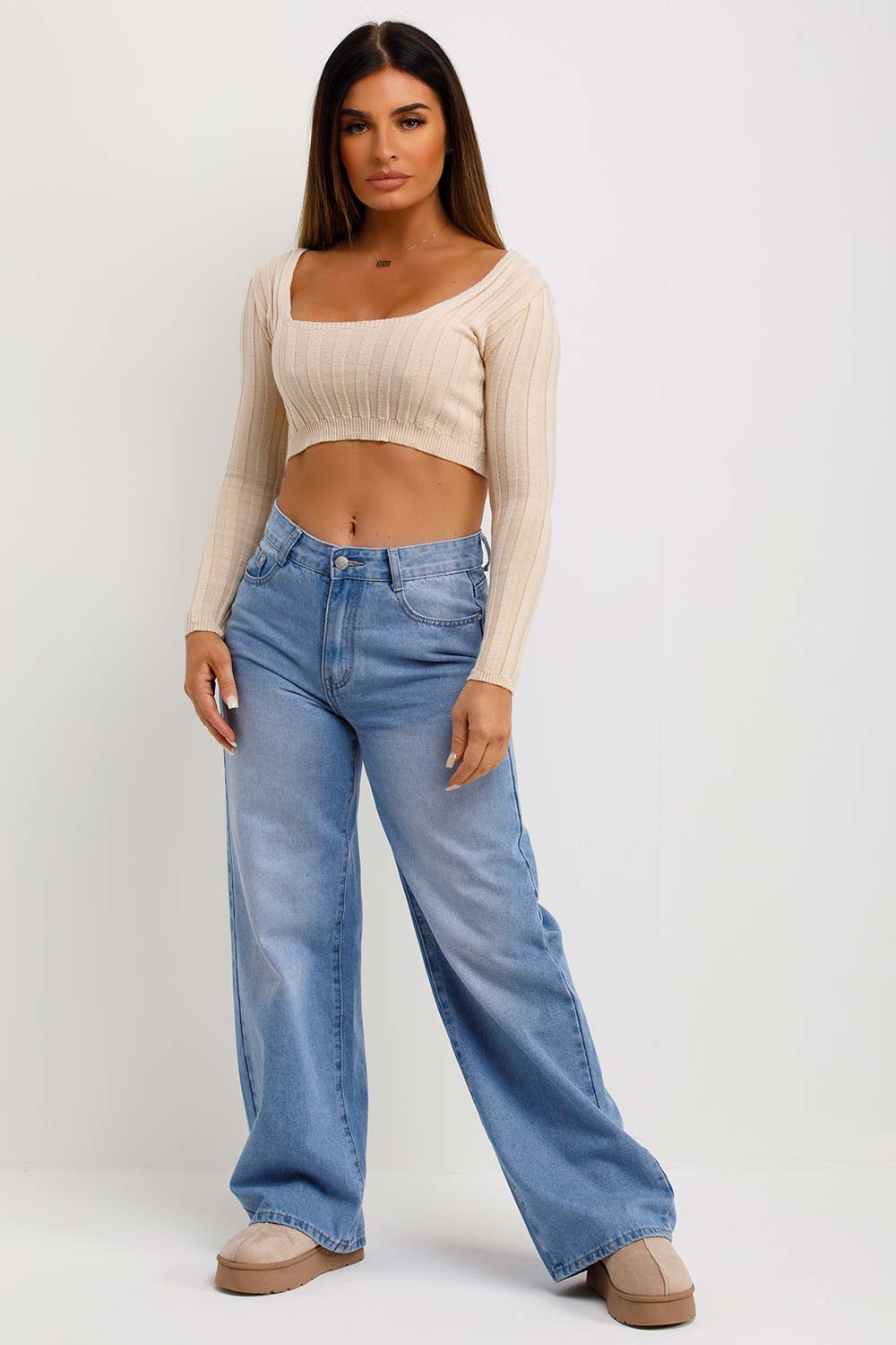 knitted long sleeve crop jumper with square neckline