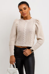 knitted crop jumper with puff sleeves