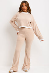 womens jumper and trousers rib knit loungewear set with stripe detail casual outfit