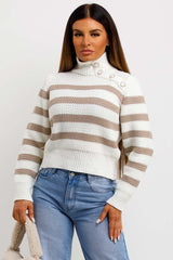 womens turtle neck jumper with stripes and button detail
