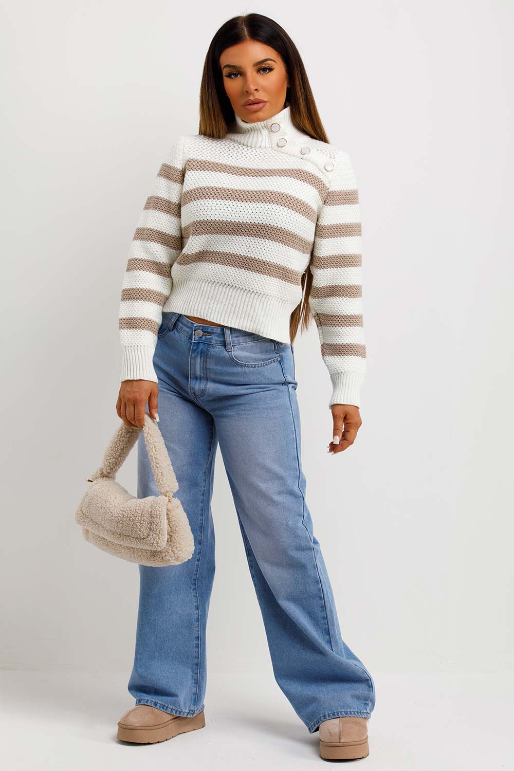 womens turtle neck knitted striped jumper with button detail