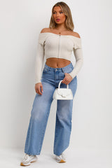 off shoulder zip front fold over long sleeve jumper top