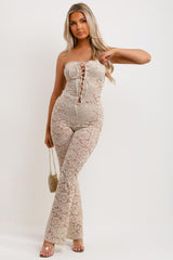 sheer lace jumpsuit with falred skinny legs