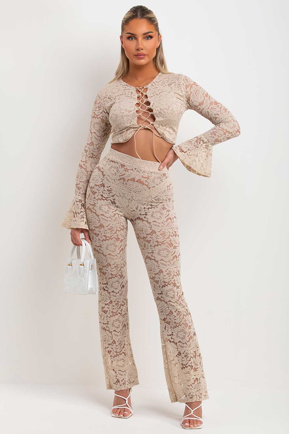 womens beige lace up front flare sleeve crop top and skinny flare trousers co ord set