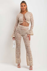 lace trousers and flare sleeve top two piece co ord set going out summer festival rave outfit beige