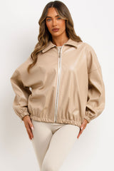 zara womens faux leather bomber jacket with long sleeves styledup 