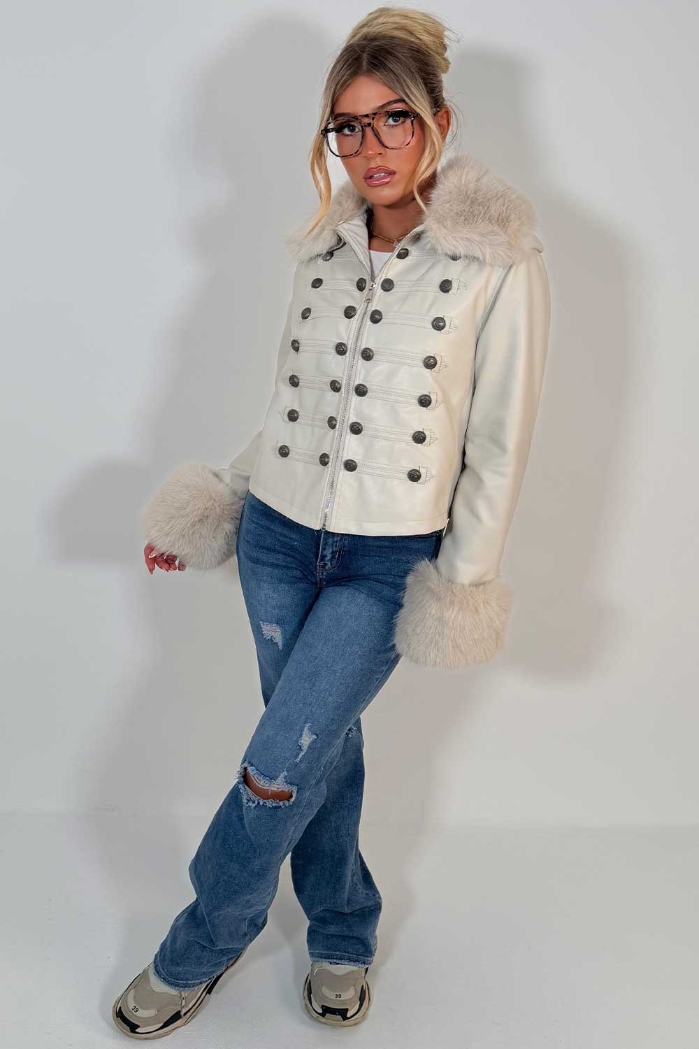 womens beige fur cuff collar military jacket in faux leather zara uk