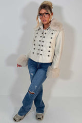 womens beige fur cuff collar military jacket in faux leather zara uk