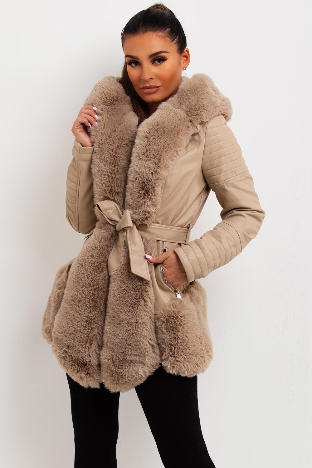womens hooded faux leather jacket with faux fur panelled
