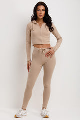 womens rib tracksuit crop zip front hoodie and high waist leggings set 