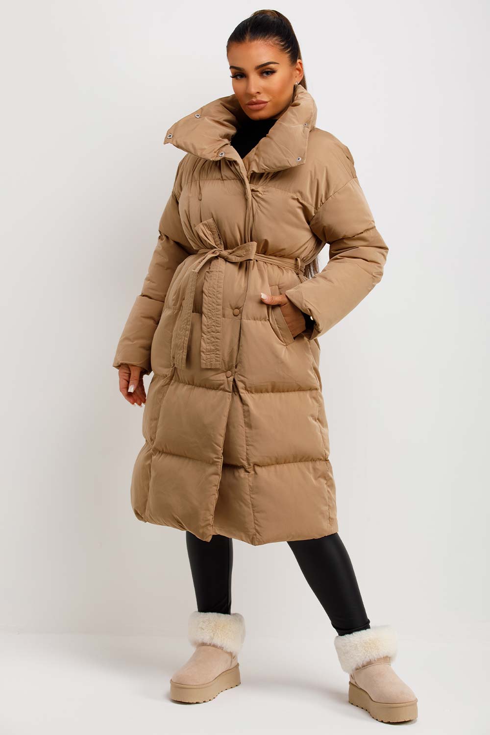 womens long padded puffer coat with belt